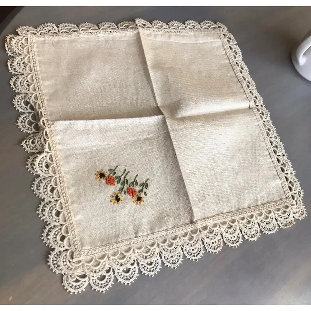 Two beige VINTAGE Cloth/Lace Dinner Napkins with Embroidered Sunflowers #LACEDUP